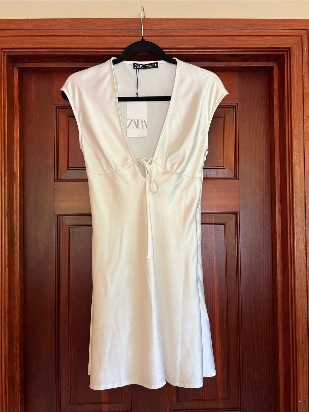 Zara Ivory Satin V-Neck Tie-Front Mini Dress